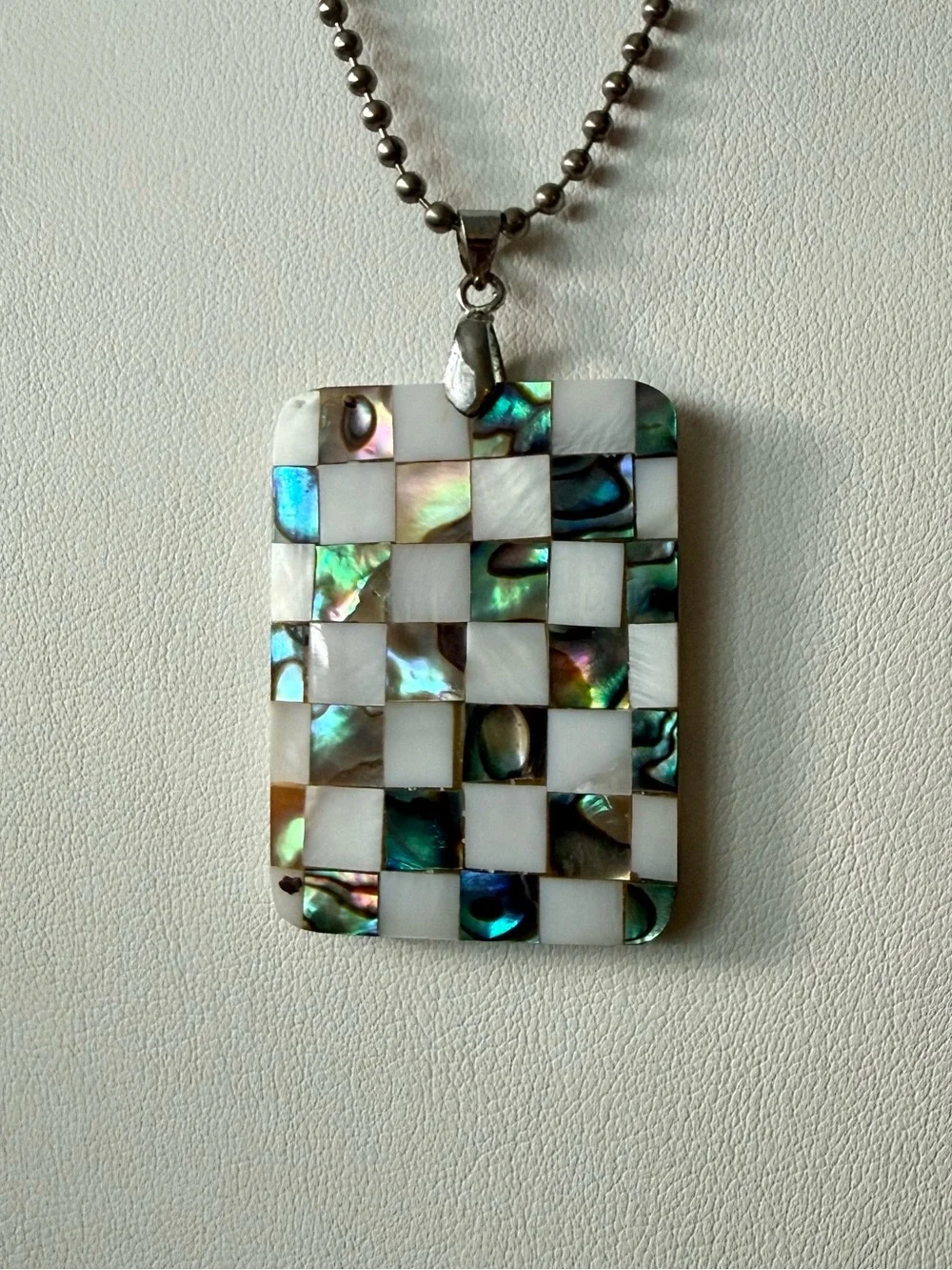 Vintage Mother-of-Pearl Abalone Checkered Pendant Necklace SilverTone Ball Chain